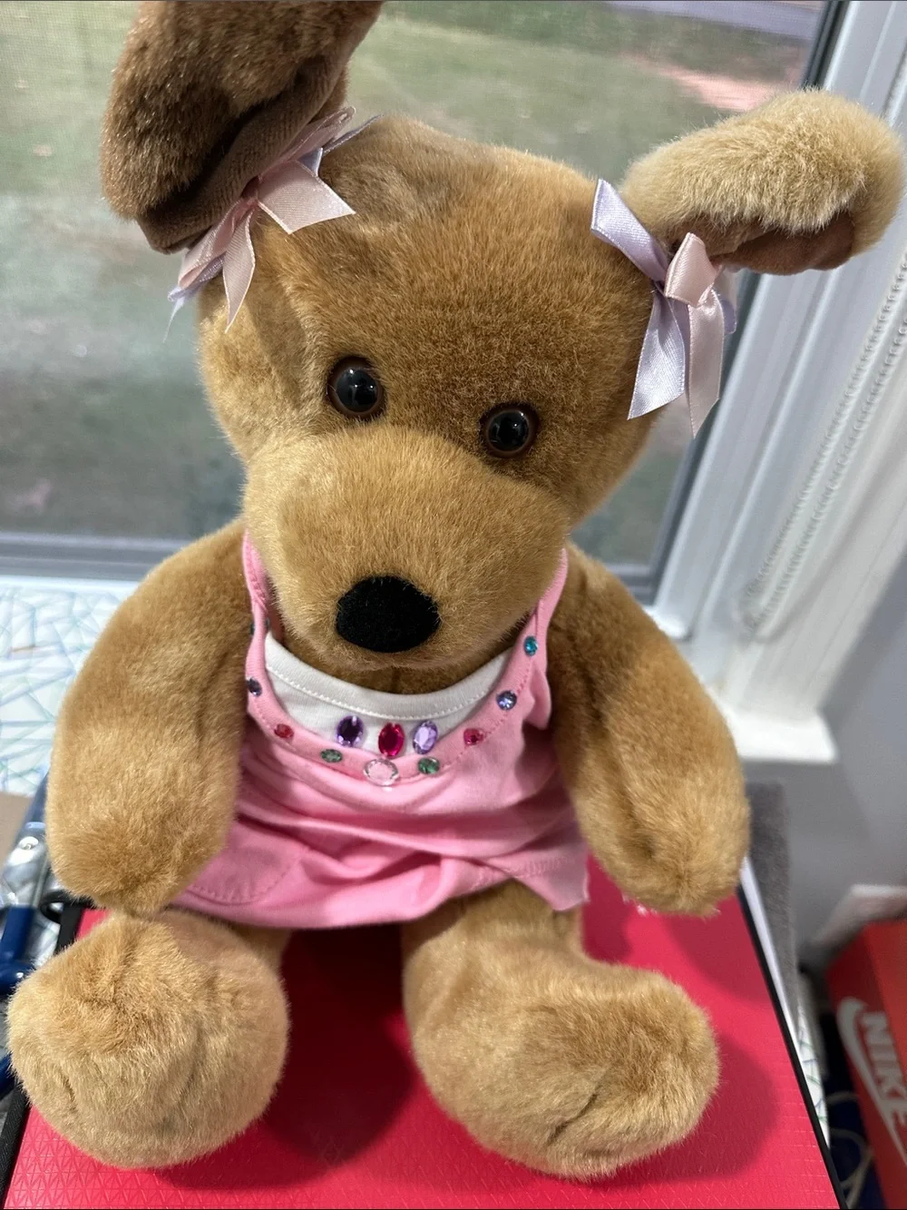 Vintage Build-A-Bear Brown Plush Bear with Pink Dress and Satin Bows